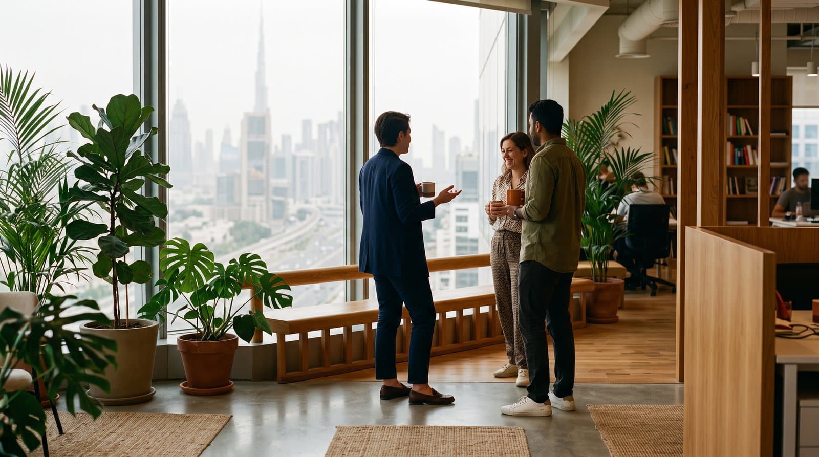 Colleagues talking by the window